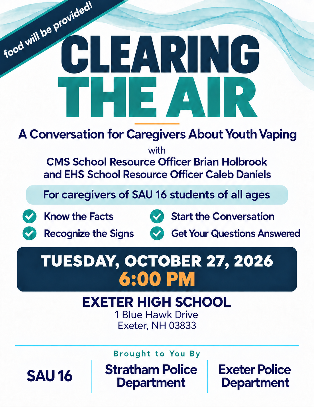 White background with blue and green font. It is a flier with no images, it just states information about Youth Vaping and the presentation at Exeter High School on Oct. 27, 2026.